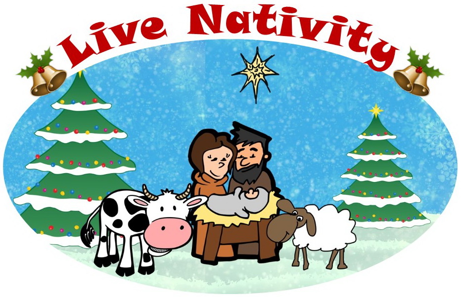 Cartoon of Mary, Joseph, baby Jesus, animals, Christmas Trees with text "Live Nativity"