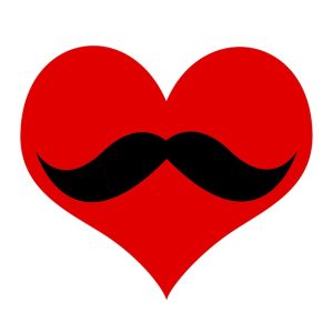A red heart with a black handlebar moustache