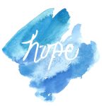 Watercolour blue paint with white word "hope"